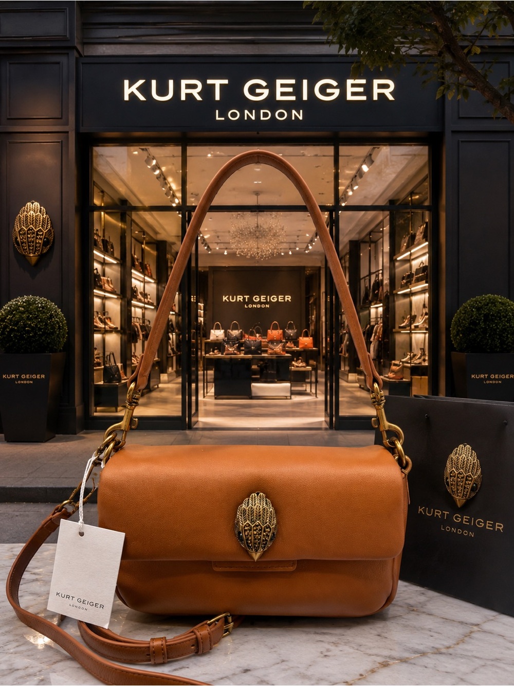 Kurt Geiger NWT Oxford Cognac Leather Shoulder and Crossbody Bag